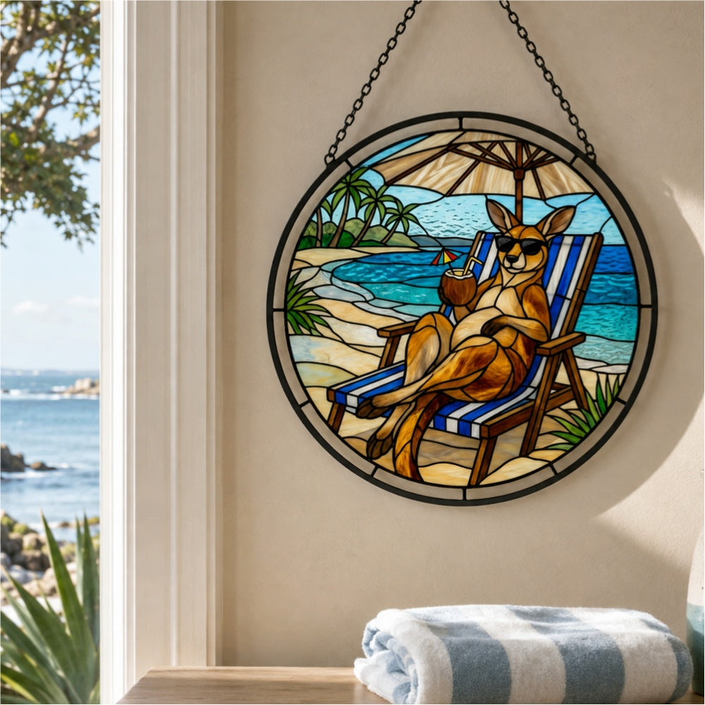 Tropical vacation kangaroo stained glass suncatcher window hanging, suitable for home and garden decoration