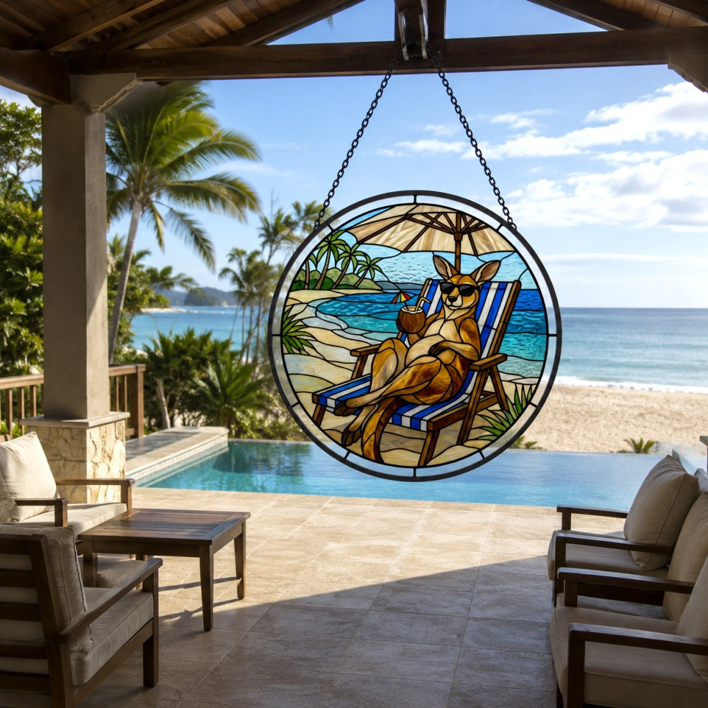 Tropical vacation kangaroo stained glass suncatcher window hanging, suitable for home and garden decoration