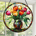 Tulip bouquet in vase stained glass suncatcher window hanging, suitable for home and garden decoration