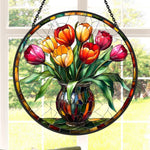 Tulip bouquet in vase stained glass suncatcher window hanging, suitable for home and garden decoration