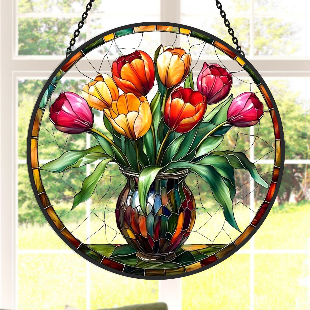 Tulip bouquet in vase stained glass suncatcher window hanging, suitable for home and garden decoration