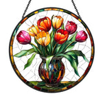 Tulip bouquet in vase stained glass suncatcher window hanging, suitable for home and garden decoration