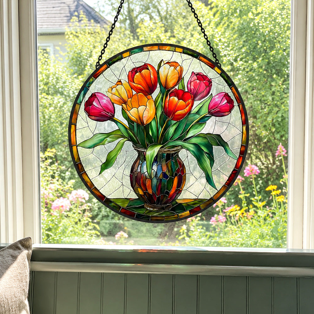 Tulip bouquet in vase stained glass suncatcher window hanging, suitable for home and garden decoration