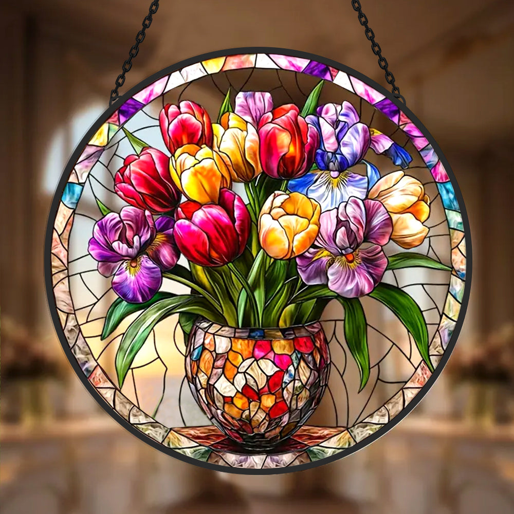 Tulip iris floral potted stained glass suncatcher window hanging, suitable for home and garden decoration