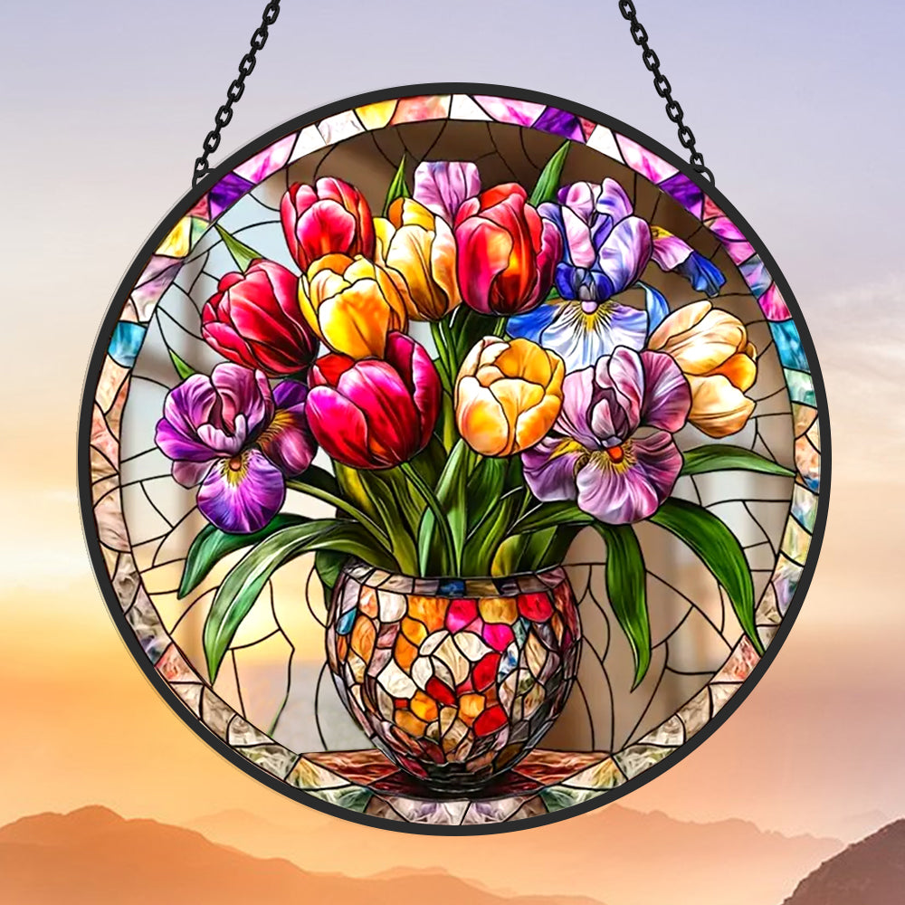 Tulip iris floral potted stained glass suncatcher window hanging, suitable for home and garden decoration