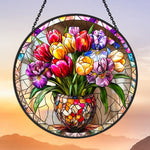 Tulip iris floral potted stained glass suncatcher window hanging, suitable for home and garden decoration