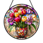 Tulip iris floral potted stained glass suncatcher window hanging, suitable for home and garden decoration
