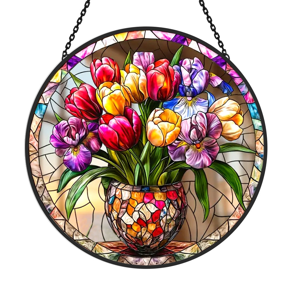 Tulip iris floral potted stained glass suncatcher window hanging, suitable for home and garden decoration