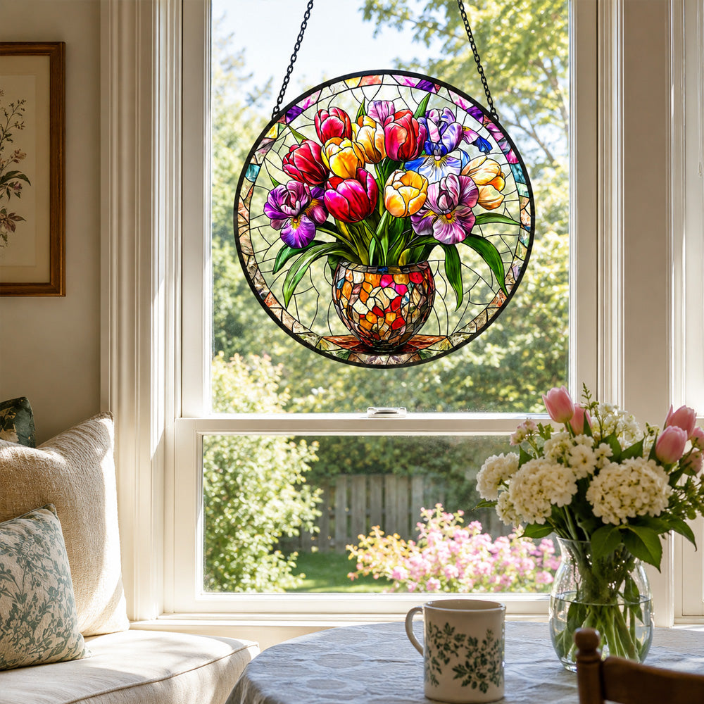 Tulip iris floral potted stained glass suncatcher window hanging, suitable for home and garden decoration