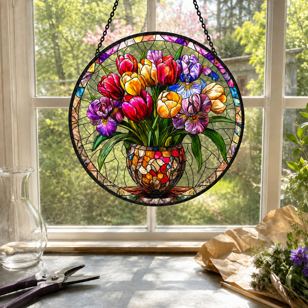 Tulip iris floral potted stained glass suncatcher window hanging, suitable for home and garden decoration