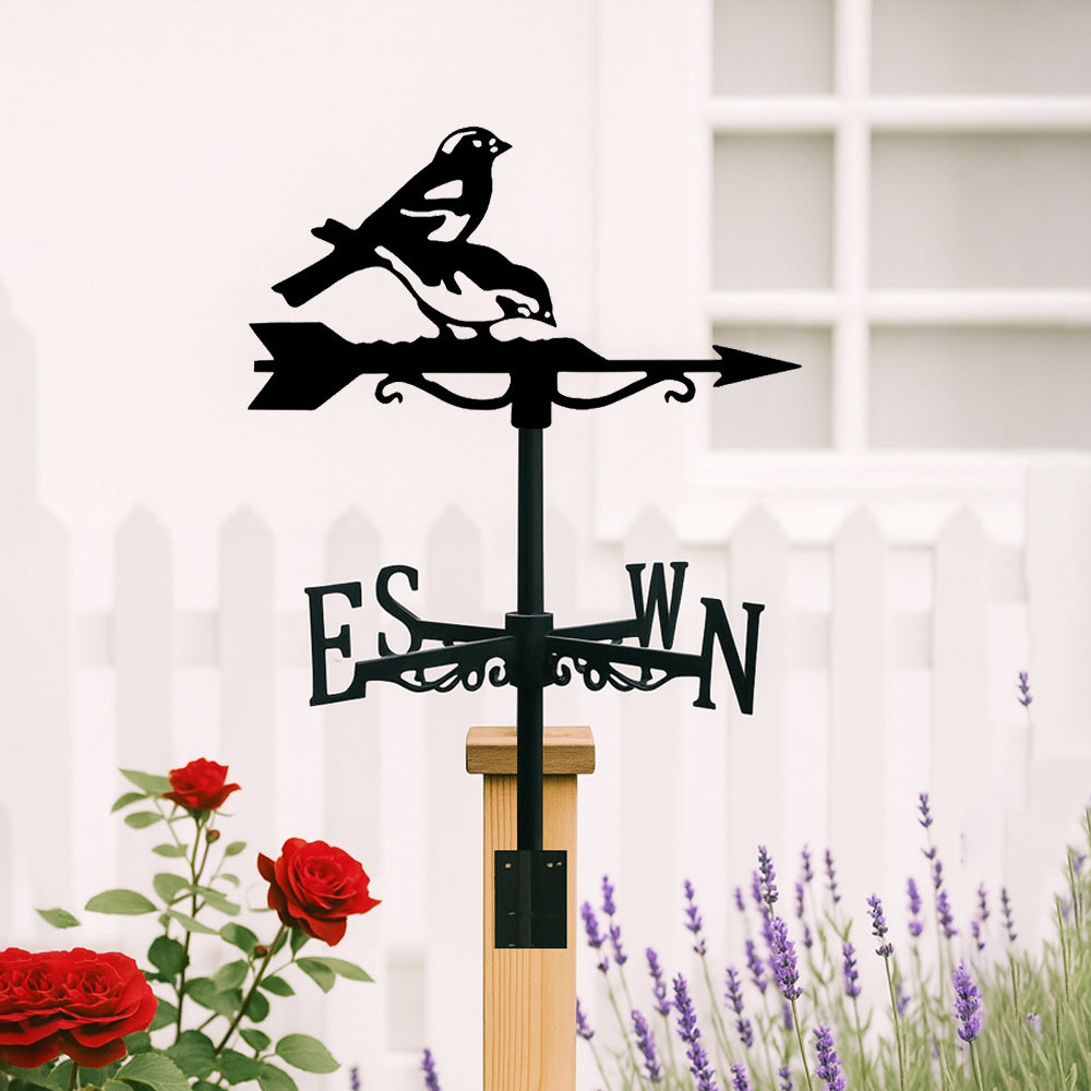 Two birds on branch metal weather vane with directional arrows and mounting rod, outdoor roof and garden decoration