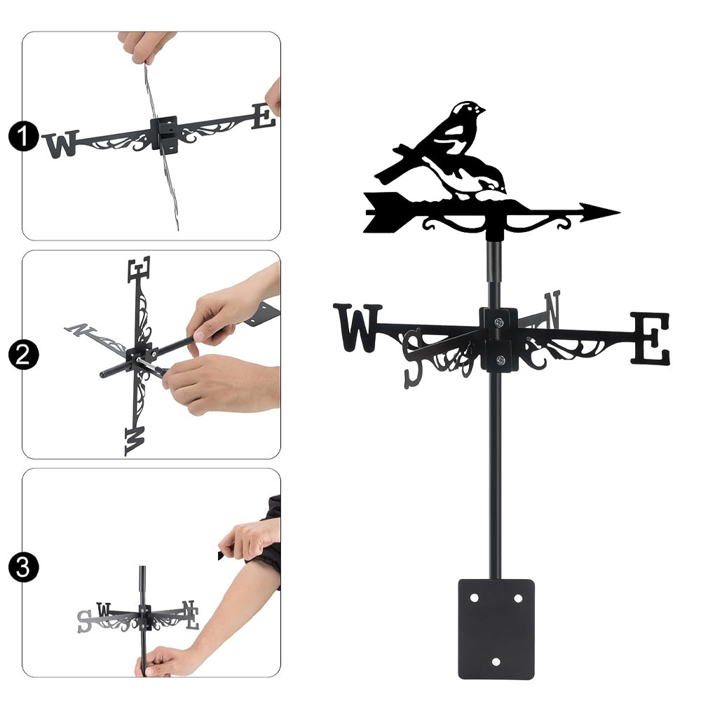 Two birds on branch metal weather vane with directional arrows and mounting rod, outdoor roof and garden decoration