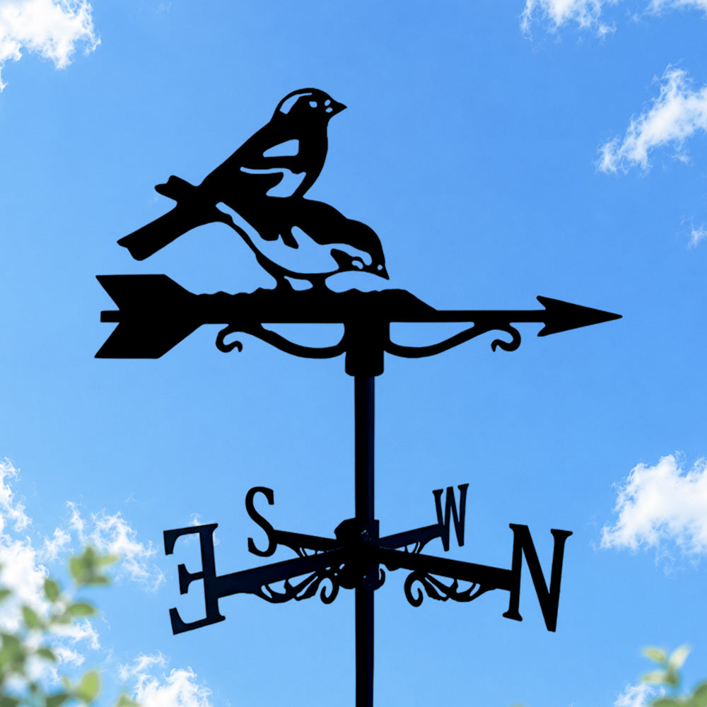 Two birds on branch metal weather vane with directional arrows and mounting rod, outdoor roof and garden decoration