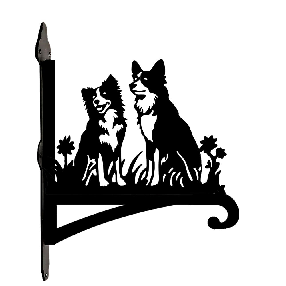 Two border collies metal hanging basket bracket mounted on outdoor wall for plant decoration