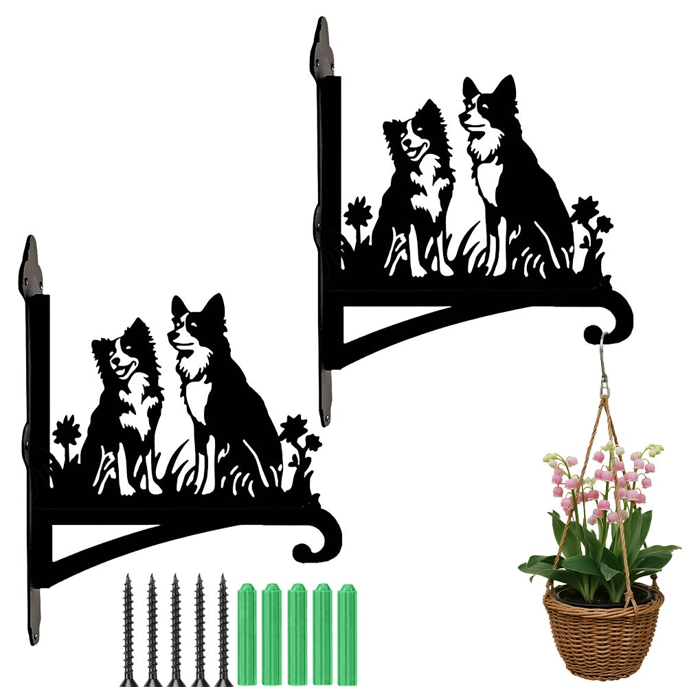 Two border collies metal hanging basket bracket mounted on outdoor wall for plant decoration