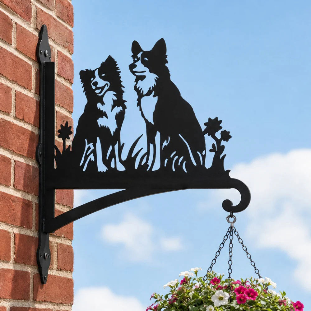 Two border collies metal hanging basket bracket mounted on outdoor wall for plant decoration