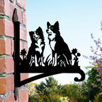 Two border collies metal hanging basket bracket mounted on outdoor wall for plant decoration