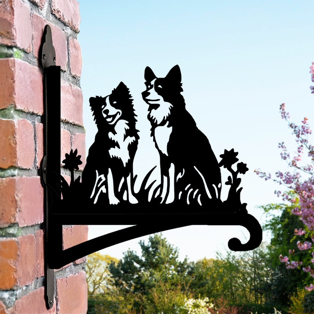 Two border collies metal hanging basket bracket mounted on outdoor wall for plant decoration