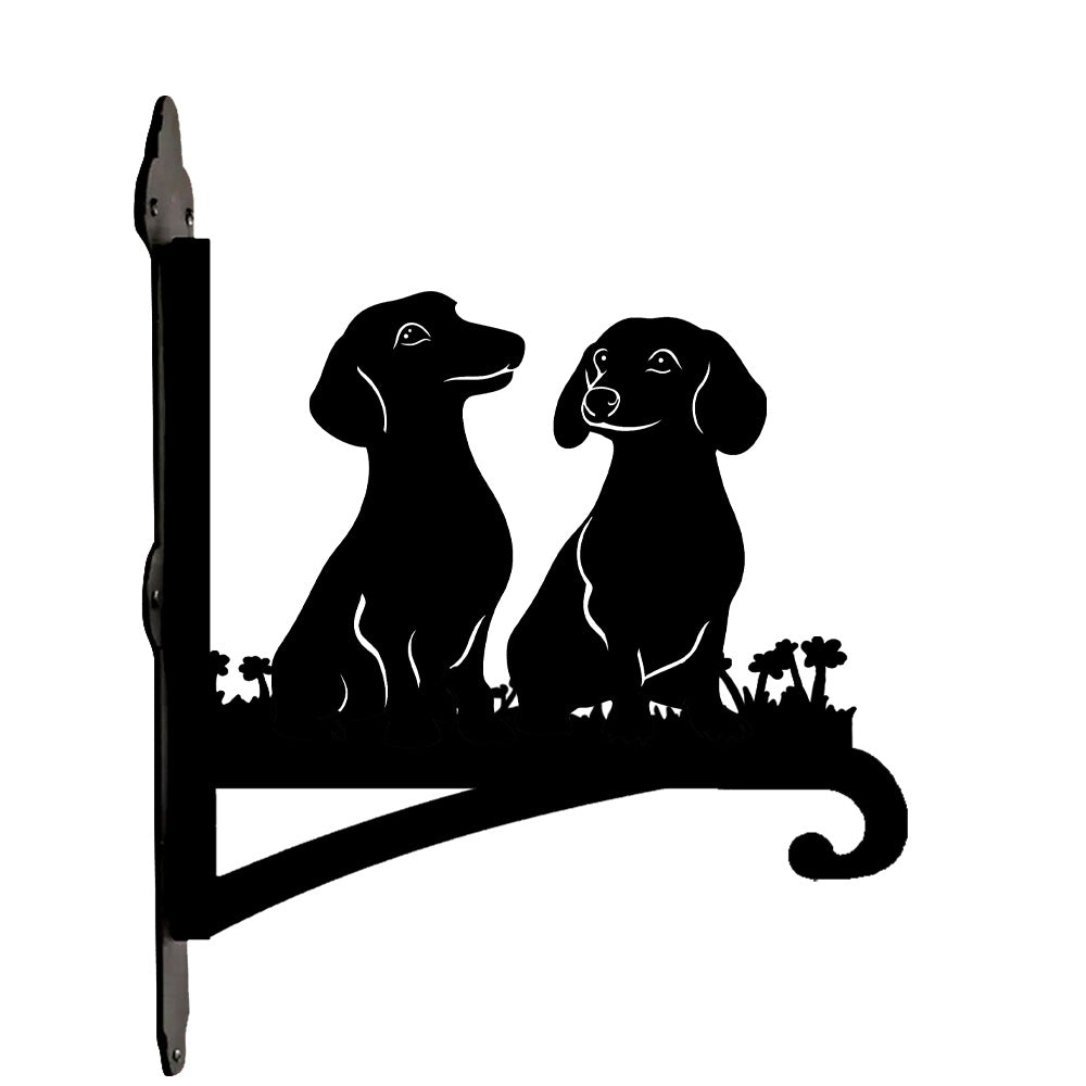 Two dachshunds metal hanging basket bracket mounted on outdoor wall for plant decoration