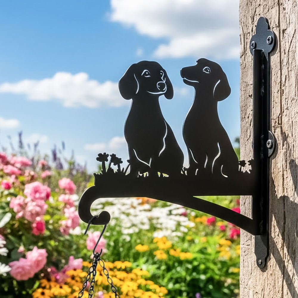 Two dachshunds metal hanging basket bracket mounted on outdoor wall for plant decoration