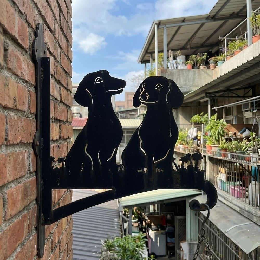 Two dachshunds metal hanging basket bracket mounted on outdoor wall for plant decoration