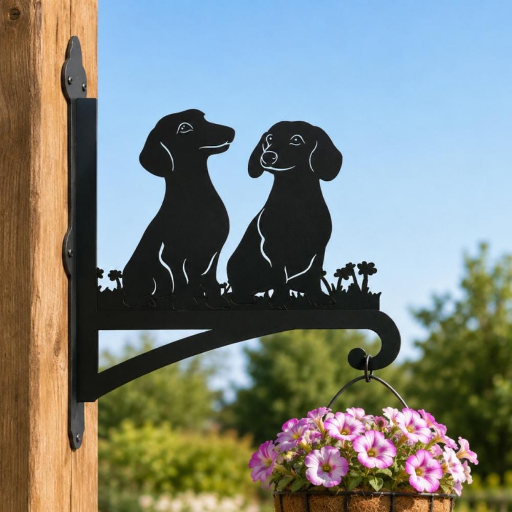 Two dachshunds metal hanging basket bracket mounted on outdoor wall for plant decoration