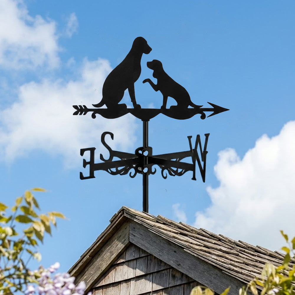 Two dogs metal weather vane with directional arrows and mounting rod, outdoor roof and garden decoration