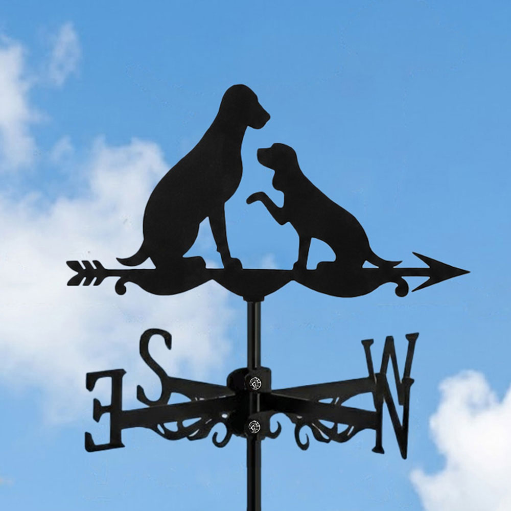 Two dogs metal weather vane with directional arrows and mounting rod, outdoor roof and garden decoration