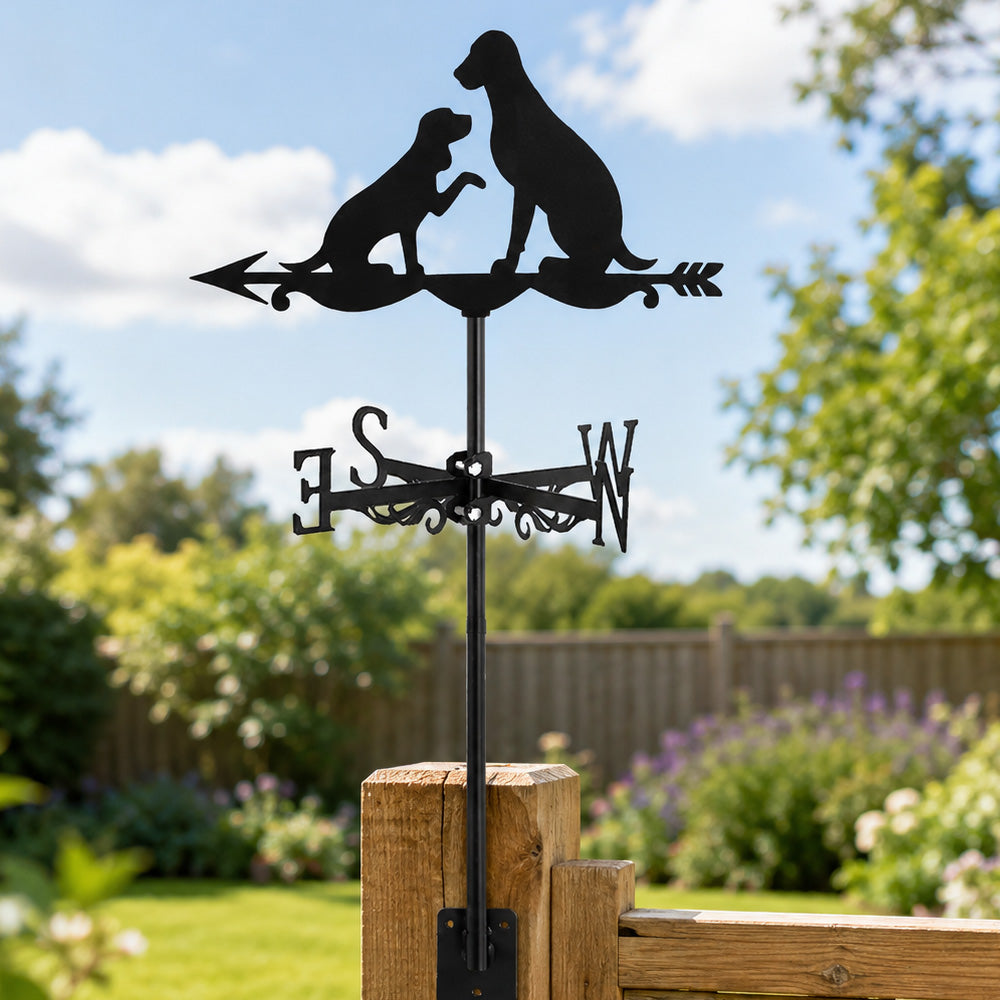 Two dogs metal weather vane with directional arrows and mounting rod, outdoor roof and garden decoration