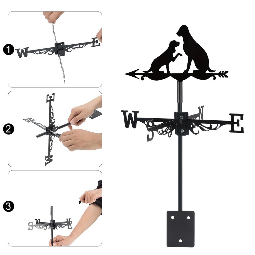 Two dogs metal weather vane with directional arrows and mounting rod, outdoor roof and garden decoration