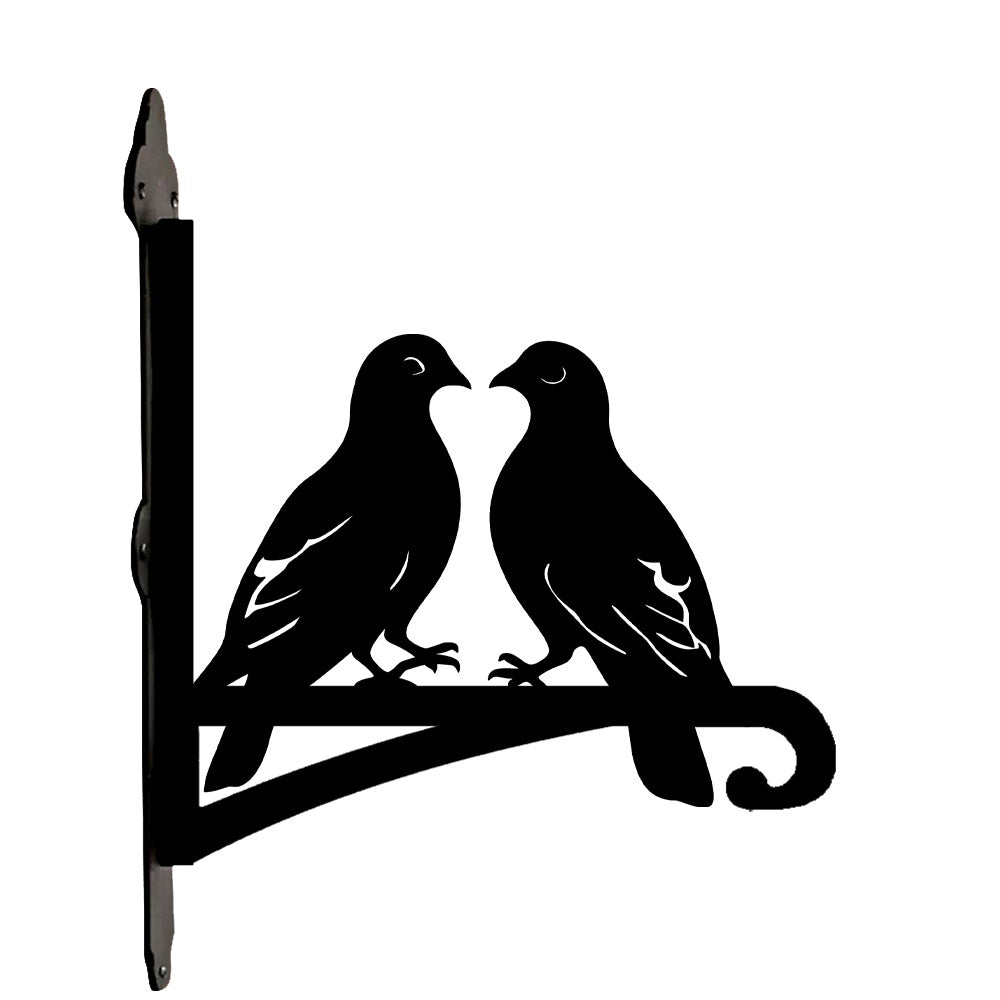 Two lovebirds on branch metal hanging basket bracket mounted on outdoor wall for plant decoration