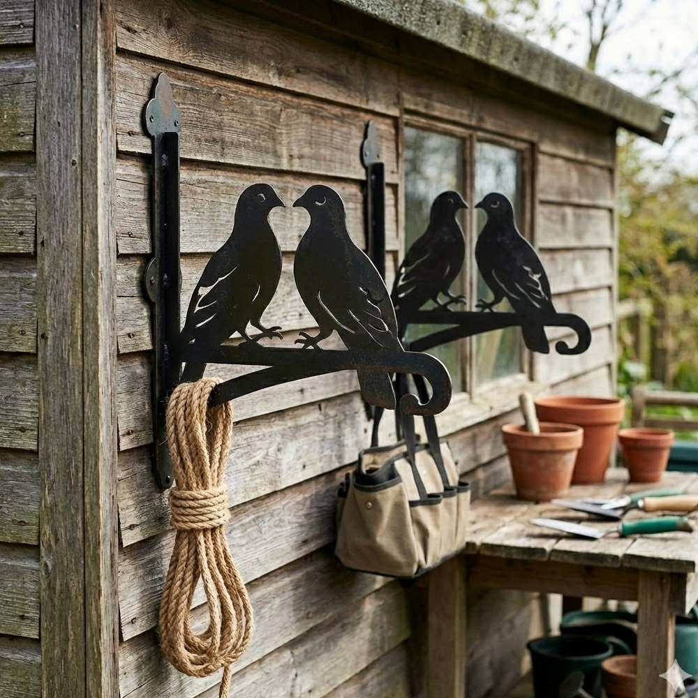 Two lovebirds on branch metal hanging basket bracket mounted on outdoor wall for plant decoration