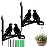 Two lovebirds on branch metal hanging basket bracket mounted on outdoor wall for plant decoration