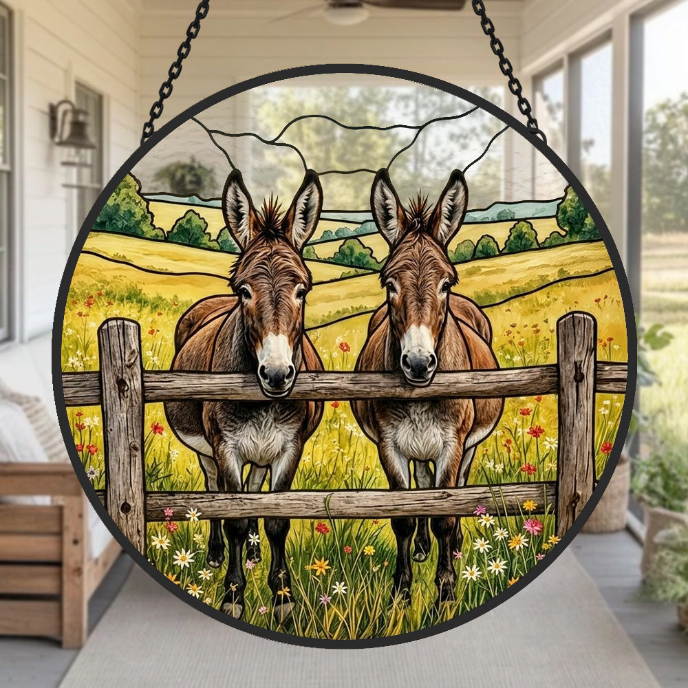 Two peeking donkeys stained glass suncatcher window hanging, suitable for home and garden decoration