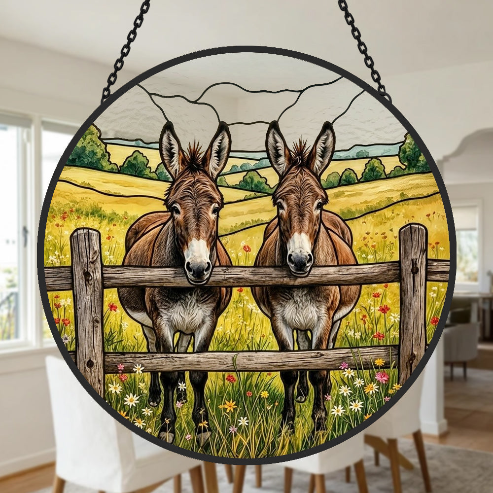 Two peeking donkeys stained glass suncatcher window hanging, suitable for home and garden decoration