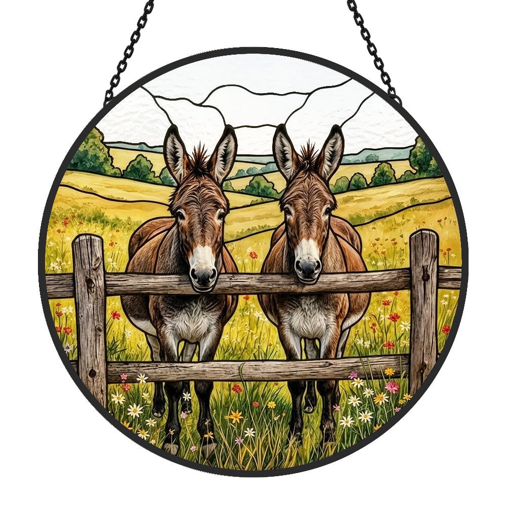 Two peeking donkeys stained glass suncatcher window hanging, suitable for home and garden decoration