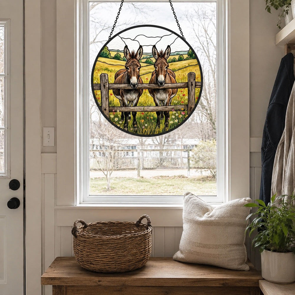 Two peeking donkeys stained glass suncatcher window hanging, suitable for home and garden decoration