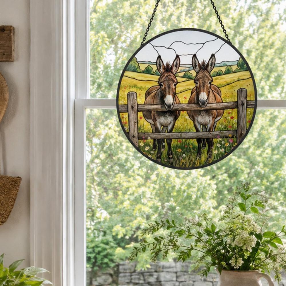 Two peeking donkeys stained glass suncatcher window hanging, suitable for home and garden decoration