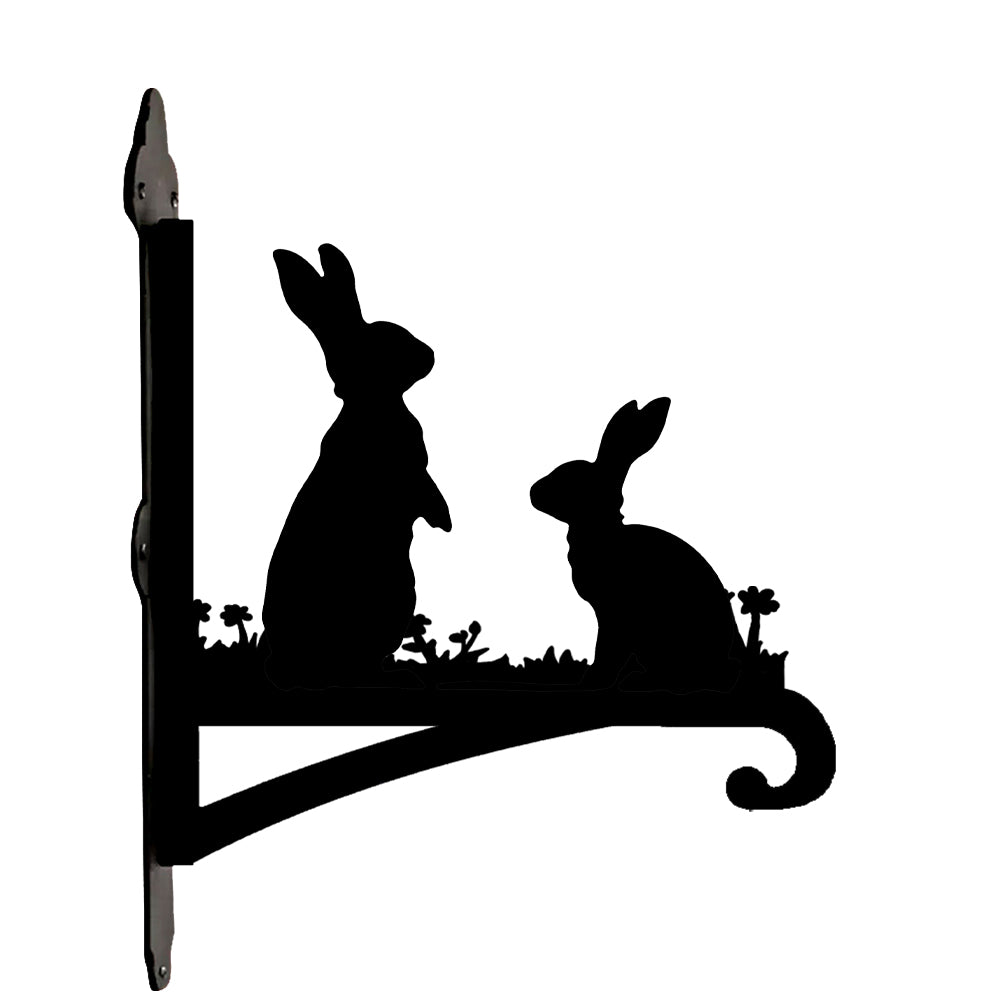 Two rabbits metal hanging basket bracket mounted on outdoor wall for plant decoration