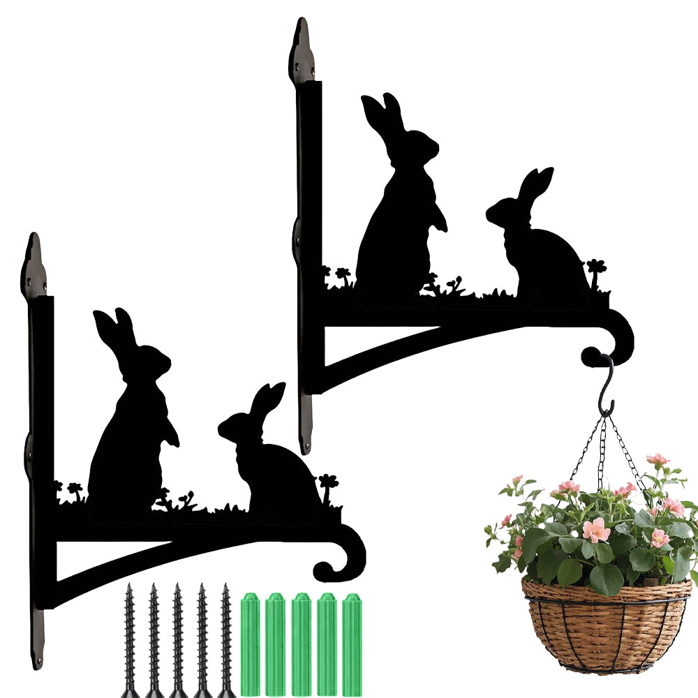 Two rabbits metal hanging basket bracket mounted on outdoor wall for plant decoration
