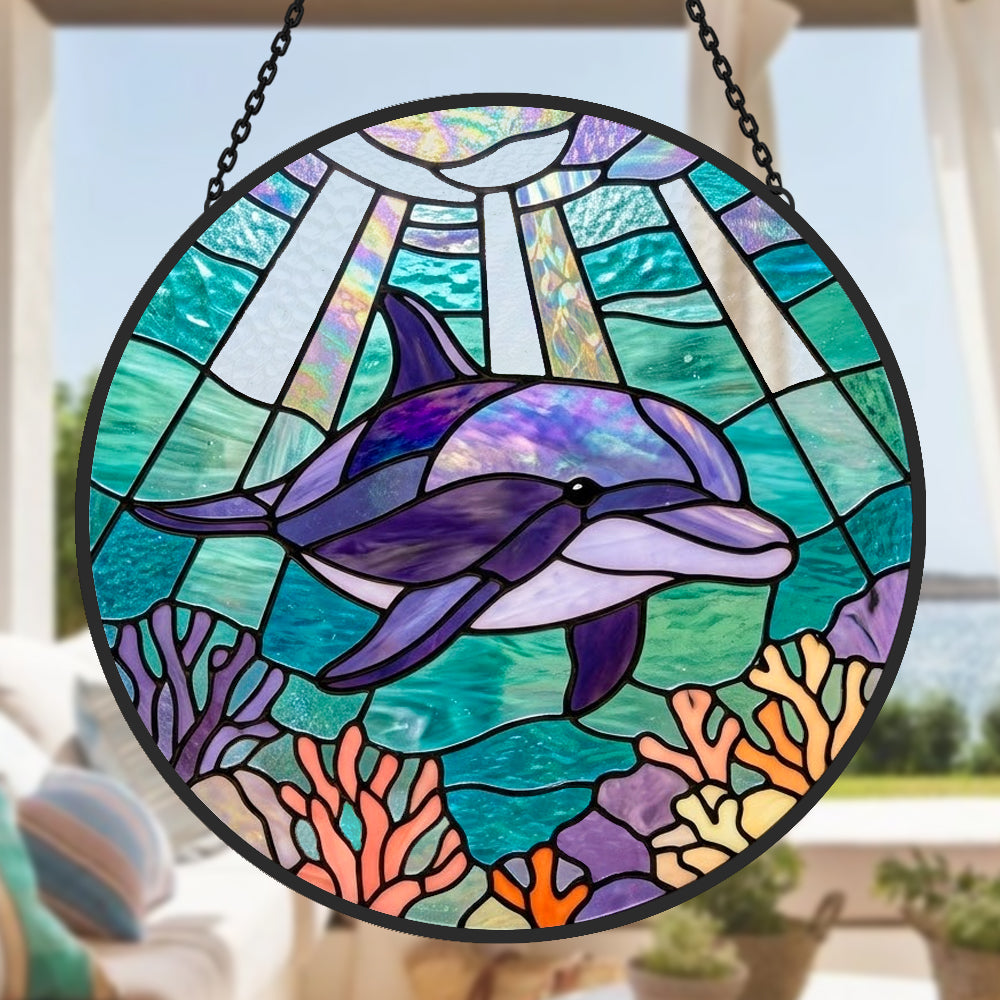 Undersea swimming dolphin art stained glass suncatcher window hanging, suitable for home and garden decoration
