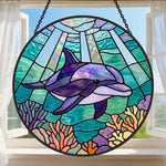 Undersea swimming dolphin art stained glass suncatcher window hanging, suitable for home and garden decoration
