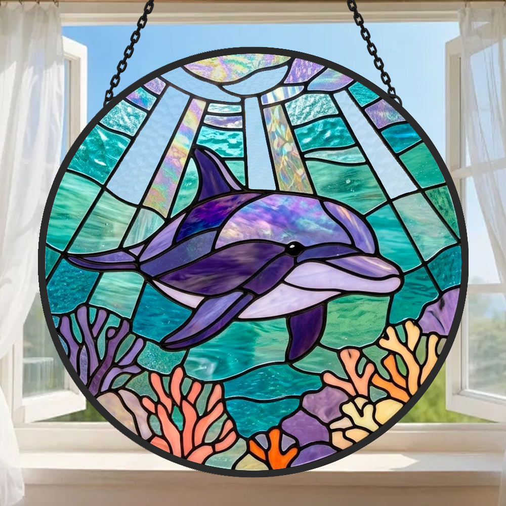 Undersea swimming dolphin art stained glass suncatcher window hanging, suitable for home and garden decoration
