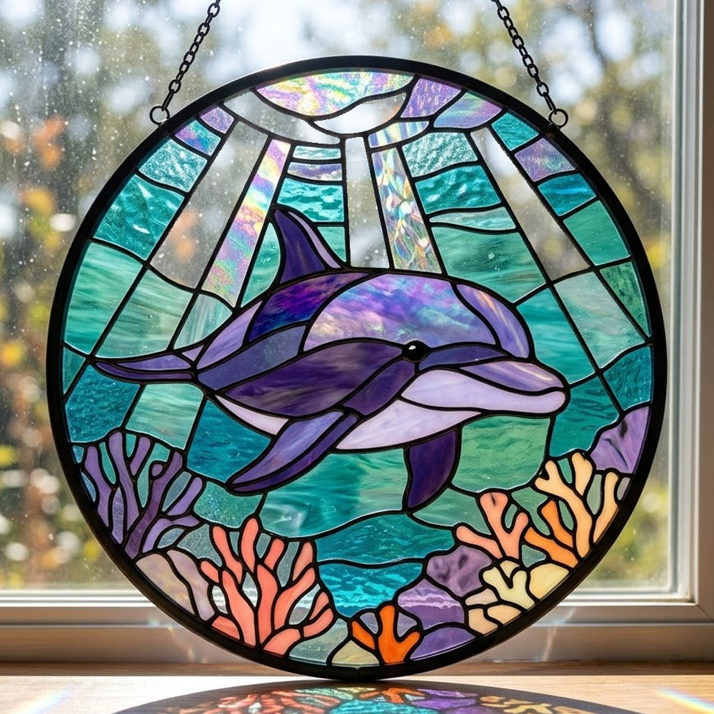 Undersea swimming dolphin art stained glass suncatcher window hanging, suitable for home and garden decoration