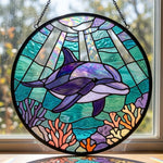 Undersea swimming dolphin art stained glass suncatcher window hanging, suitable for home and garden decoration
