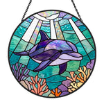 Undersea swimming dolphin art stained glass suncatcher window hanging, suitable for home and garden decoration