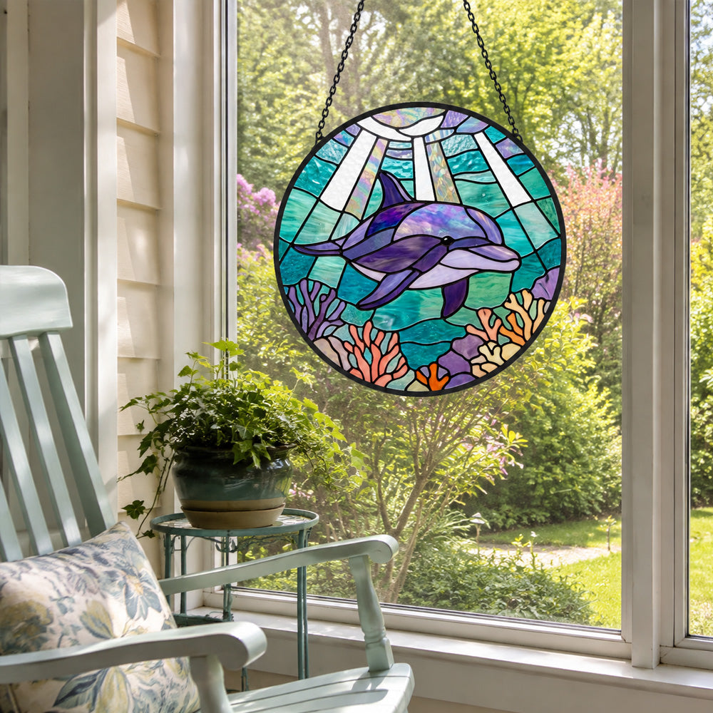 Undersea swimming dolphin art stained glass suncatcher window hanging, suitable for home and garden decoration