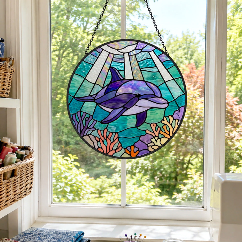 Undersea swimming dolphin art stained glass suncatcher window hanging, suitable for home and garden decoration