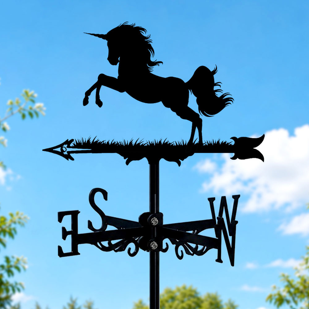 Unicorn metal weather vane with directional arrows and mounting rod, outdoor roof and garden decoration