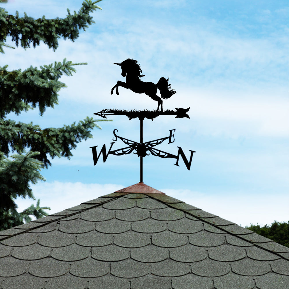 Unicorn metal weather vane with directional arrows and mounting rod, outdoor roof and garden decoration